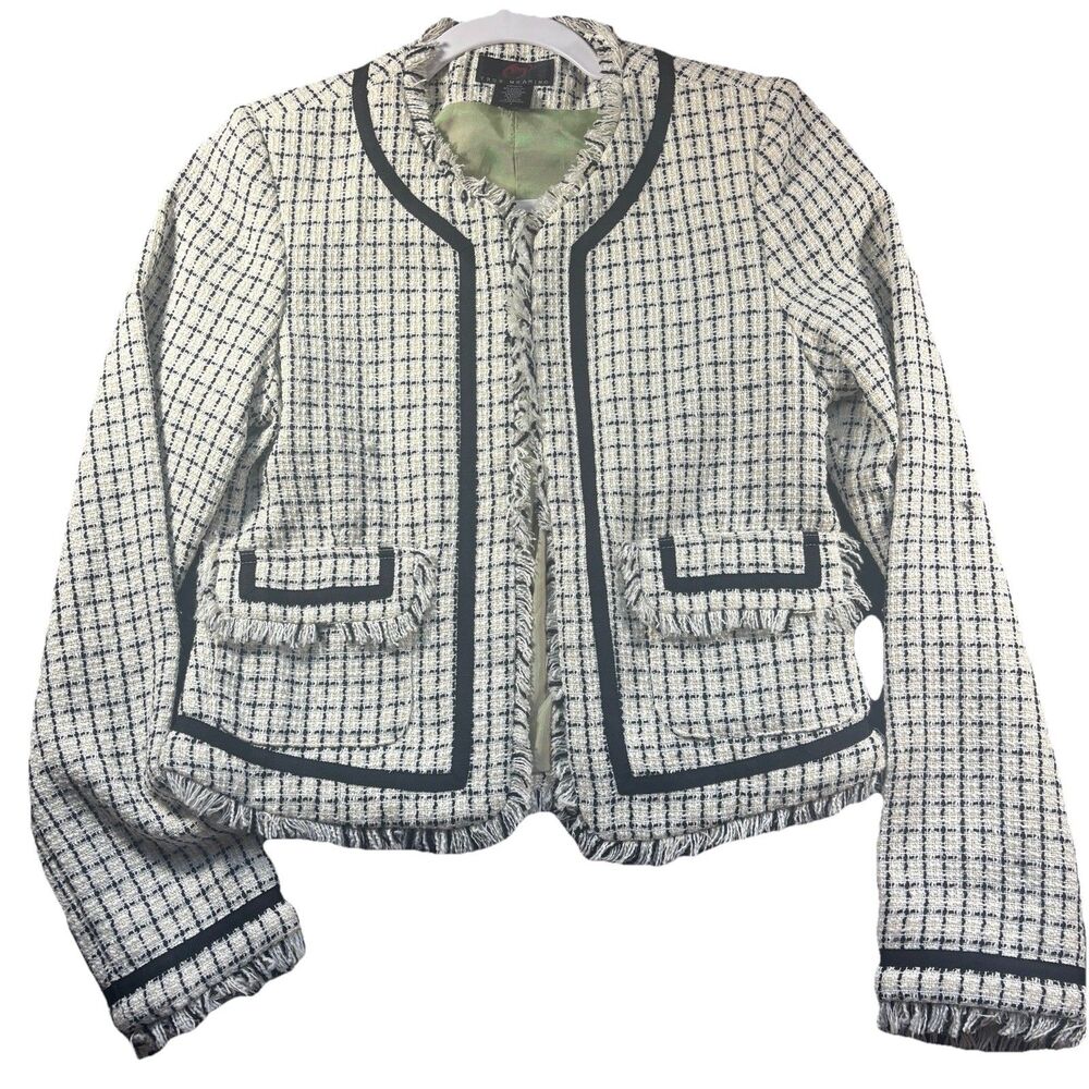 TRUE MEANING Black White Tweed Bouclé Blazer Jacket Fringe Trim Sz 2 Lined